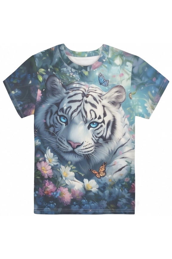 Girls Summer Tiger Graphic Tee Short Sleeve Crew Neck T-Shirt, Sizes 8-9
