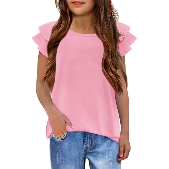 Hiijoy Girls T-Shirt Flounce Short Sleeve T Shirt Casual Solid Crew Neck Tshirt, Sizes 3-12