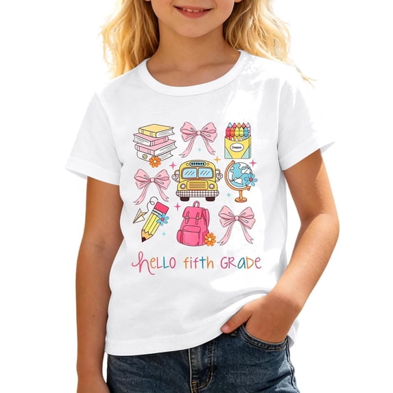 Hiijoy Girls White T Shirt Back To School Cute Graphic Short Sleeved Tee Top, Sizes 3-14
