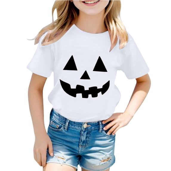 Hiijoy Girls White T-Shirt Halloween Pumpkin Short Sleeved Crew Neck T Shirt, Sizes 0-13