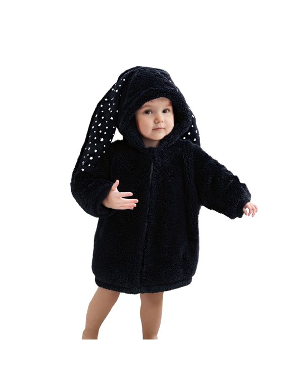 Girls Winter Jacket Full Zip Bunny Ears Hoodie Long Sleeve Jacket for Kids