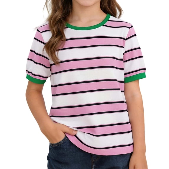 Hiijoy Green T-Shirt for Girl Striped Active Short Sleeves Round Neck Tees, Sizes 4-14