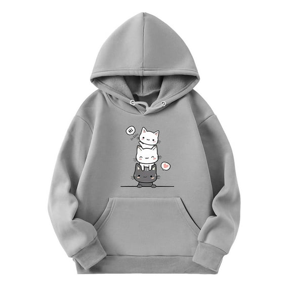 Hiijoy Hoodie for Girls Cartoon Cat Printed Hooded Sweatshirt Cute Casual Pullover Top with Pocket