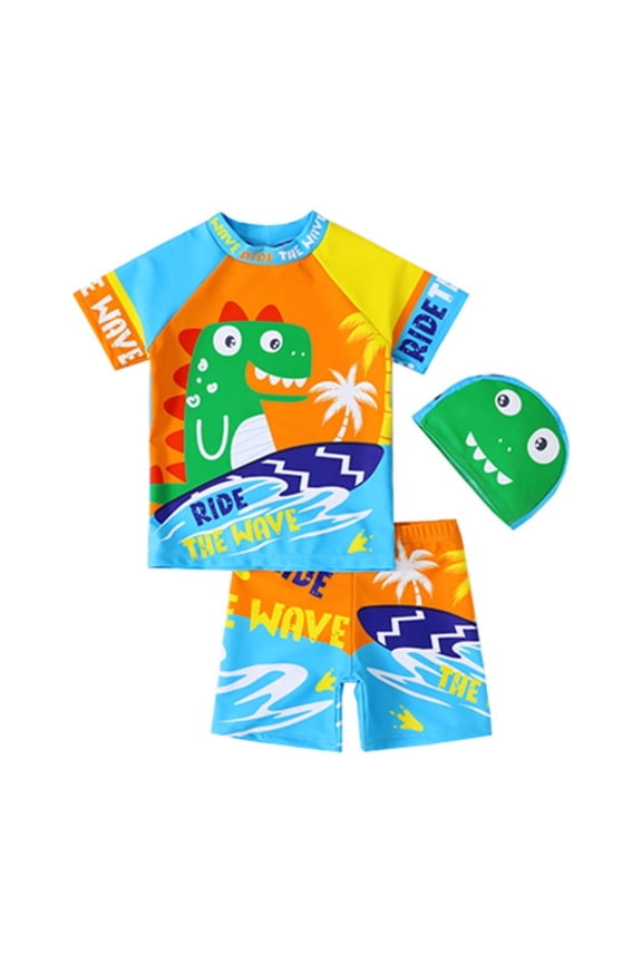 Boys Cartoon Dinosaur Swimsuit Short Sleeve Rash Guards Swimwear, Sizes 1-6