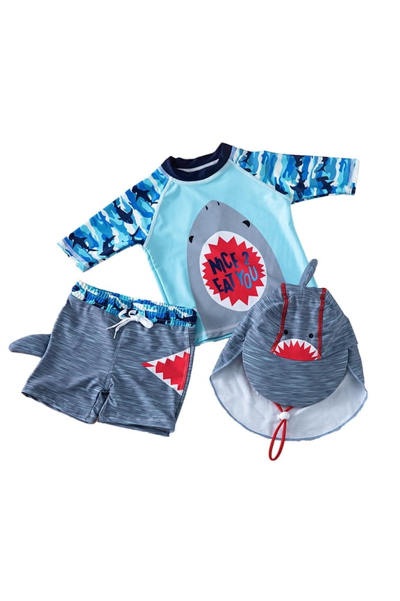 Boys Swimsuit Shark Print Rash Guard Quick Drying Bathing Suit, 3-Piece, Sizes 12M-5T