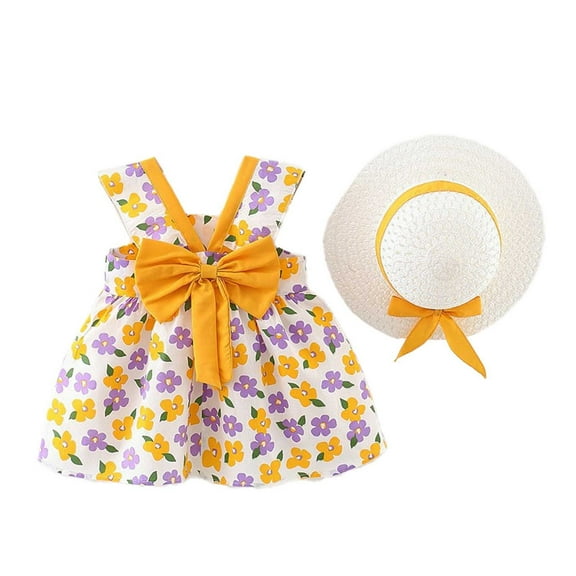 Hiijoy Infant Girls Bow Sleeveless Dress Floral Summer Beach Dress & Hat, Sizes 6M-3T