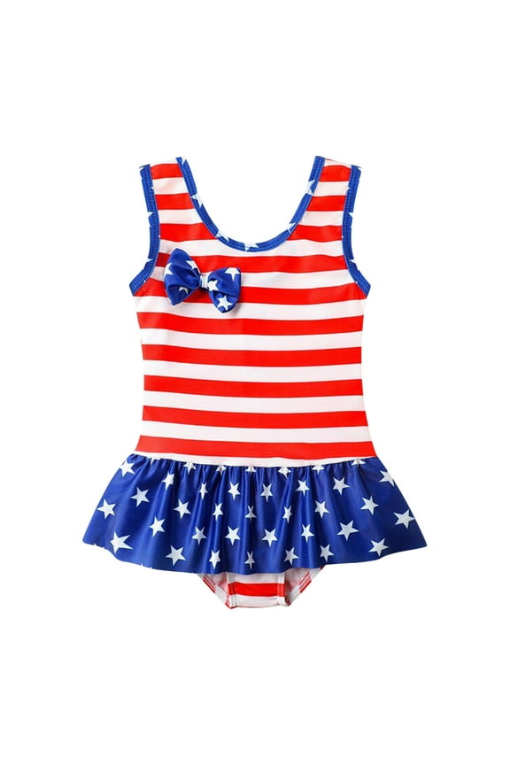 Girls Independence Day One-Piece Swimsuit Stripe Ruffle Bathing Suit