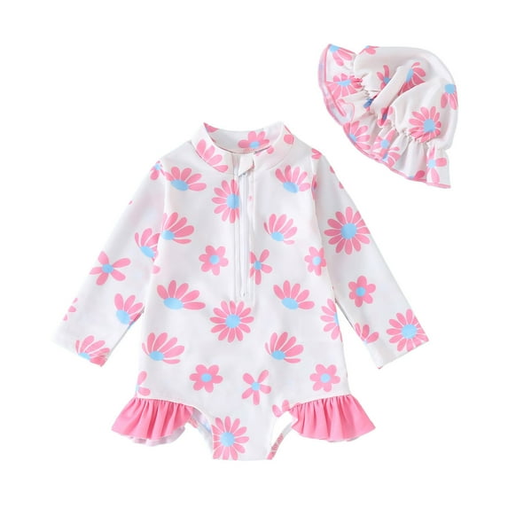 Hiijoy Girls One-Piece Swimsuit Floral Ruffle Long Sleeve Rash Guard & Hat