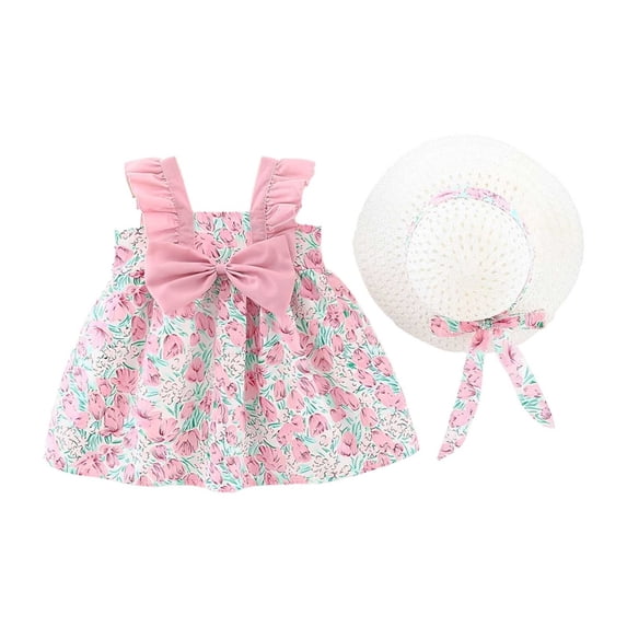 Hiijoy Infant Girls Sleeveless Floral Sundress Summer Bow Dress With Hat, Sizes 3M-4T