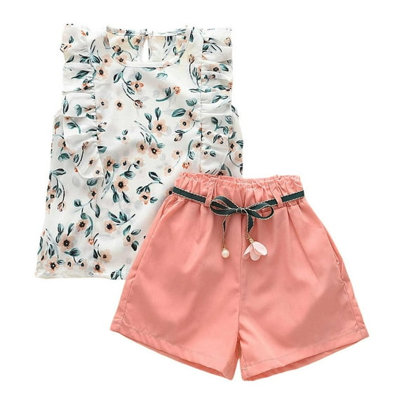 Hiijoy Infant Girls Summer Outfits Floral Ruffle Chiffon Tank Top Shorts Set, Sizes 12-18M