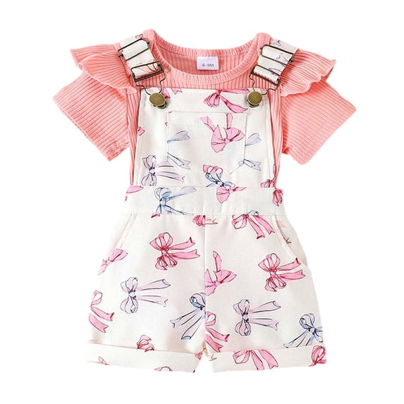 Hiijoy Infant Girls Summer Outfits Ruffle Short Sleeve Ribbed Romper Bow Print Overall Shorts, Sizes 9-12M