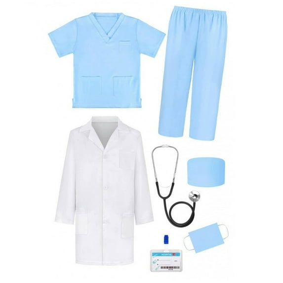 Hiijoy Kid's Doctor Dress Up Clothes Set White Lab Coat Shirt Pants Hat 7Pcs Outfits, Sizes 4-5T