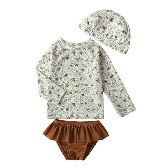 Hiijoy Kids Toddler Girls Three Piece Swimsuit Floral Long Sleeve Rash Guard Swim Shorts with Swimming Cap Bathing Suits, Sizes 0-7