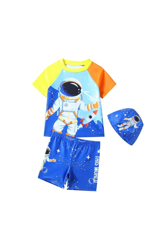 Little Boys Cartoon Astronaut Print Quick Dry Rash Guard Shorts Swimsuit, Sizes 3-7