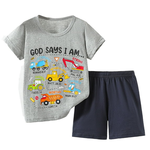 Hiijoy Little Boys Casual Outfits Excavator Print Short Sleeve T-Shirt Shorts Summer Clothes Set, Sizes 6-7Y