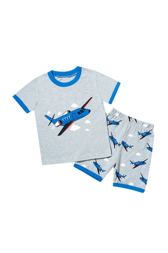 Little Boys Cotton Outfits Plane Print Short Sleeve T Shirt Shorts Set, Sizes 2-8