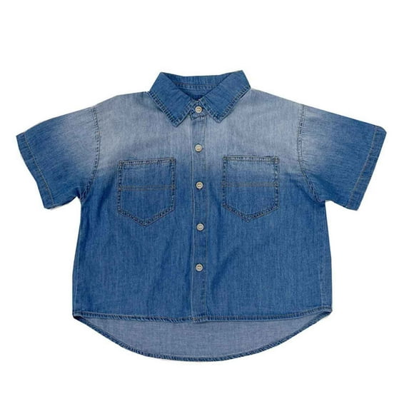 Hiijoy Little Boys Denim Shirt Gradient Short Sleeve Button Down Shirt, Sizes 6-7Y