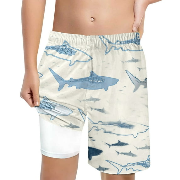 Hiijoy Little Boys Shark Print Quick Drying Swim Trunks with Compression Liner