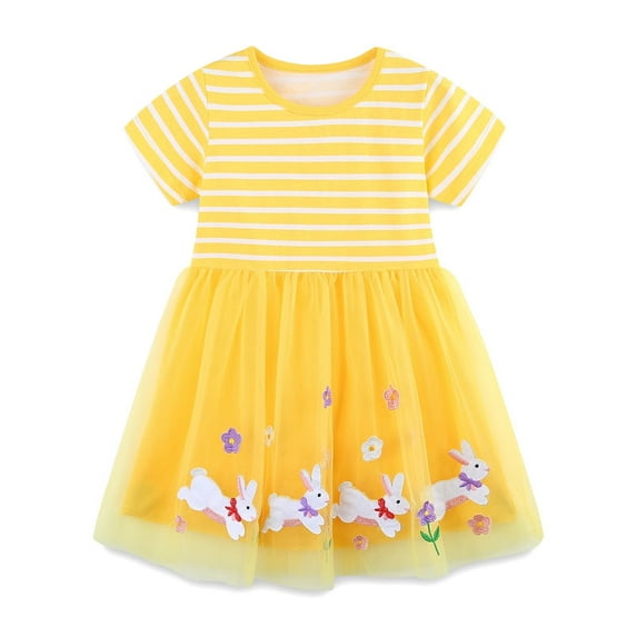 Hiijoy Little Girl Easter Dress Bunny Embroidery Short Sleeve Tutu Dress Cotton Summer Casual Dress