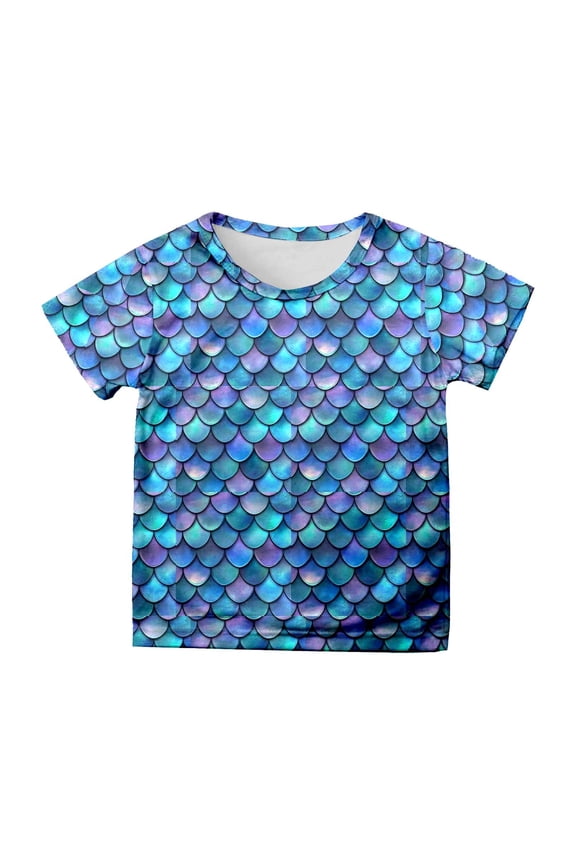 Little Girl Graphic Tee Short Sleeve Fish Scale Print Kids Trendy Summer T-Shirt
