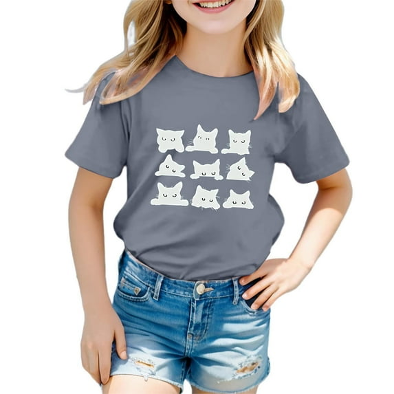 Hiijoy Little Girls T Shirt Cat Print Graphic Tee Short Sleeve Summer Casual T-Shirt