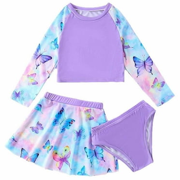 Hiijoy Little Girls 3-Piece Swimsuit Long Sleeve Rashguard Shorts Skirt Swimwear Set, Sizes 5-11