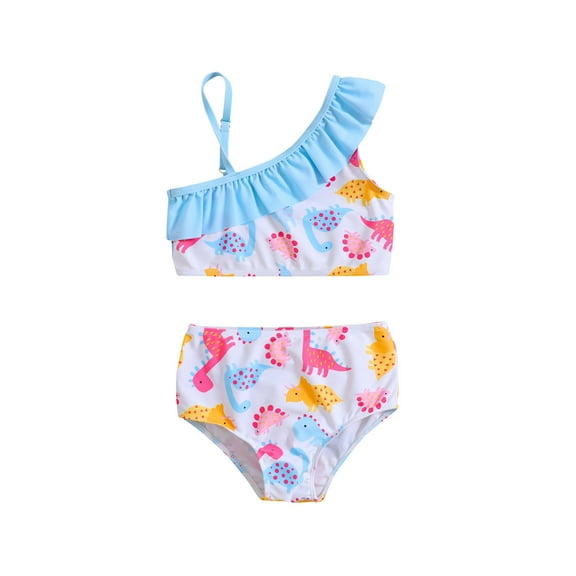 Hiijoy Little Girls Bikini Swimsuit Cartoon Dinosaur Printed Ruffle Swimwear Bathing Suit