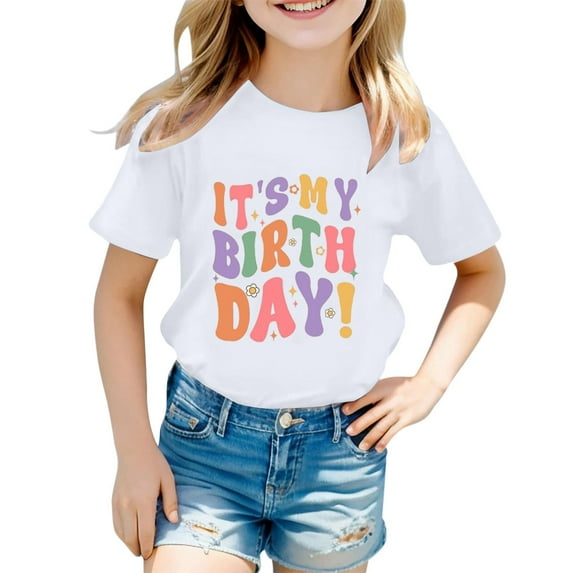 Hiijoy Little Girls' Birthday T Shirt Letter Print Short Sleeved T-Shirt, Sizes 1-13