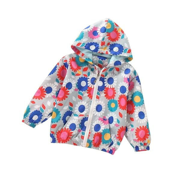 Hiijoy Little Girls Cartoon Print Windbreaker Lightweight Zipper Hooded Jacket, Grey
