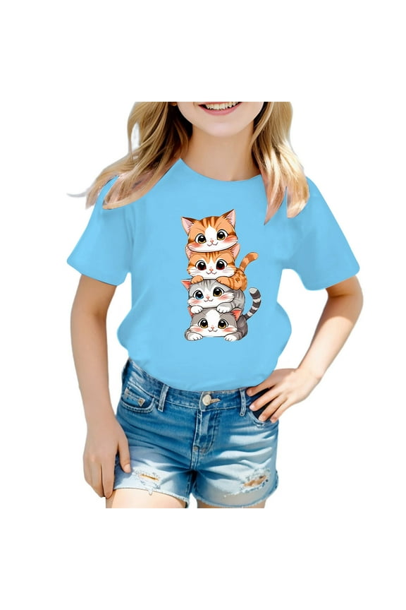 Little Girls Cute Graphic T-Shirt Cartoon Cat Print Short Sleeve T Shirt, Sizes 3-12