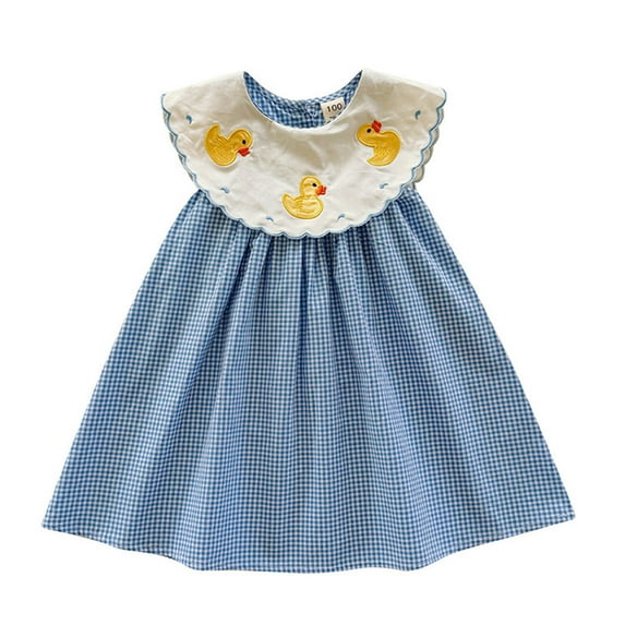 Hiijoy Little Girls Duck Embroidery Plaid Dress Sleeveless Summer Casual Dress, Sizes 1-8