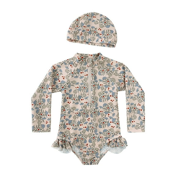 Hiijoy Little Girls Floral Long Sleeve One-Piece Swimsuit with Hat Swimwear, Sizes 2-8
