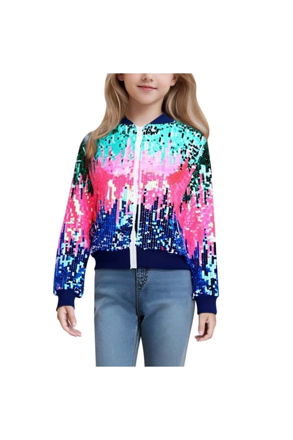 Little Girls Glitter Sequins Jacket Zipper Long Sleeved Coat Outerwear