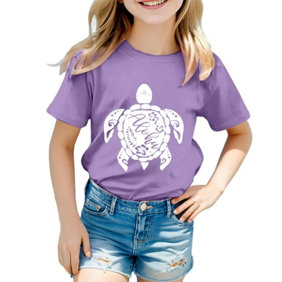 Hiijoy Little Girls Graphic T Shirt Turtle Print Short Sleeved Crew Neck Tee Shirt Top