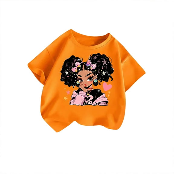 Hiijoy Little Girls' Graphic Tee Cartoon Print Short Sleeved T Shirt, Orange