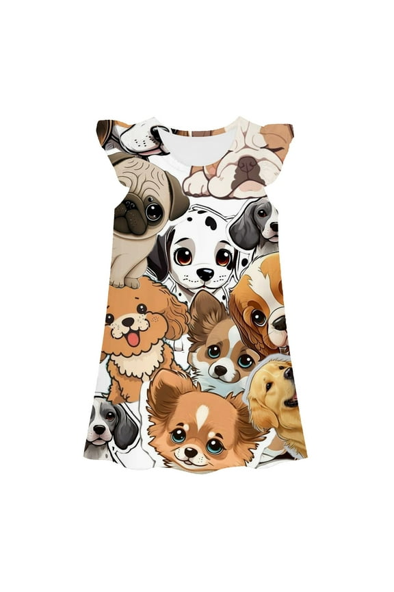 Little Girls Nightgown Cute Dog Print Sleeveless Crew Neck Nightdress, Sizes 3-10