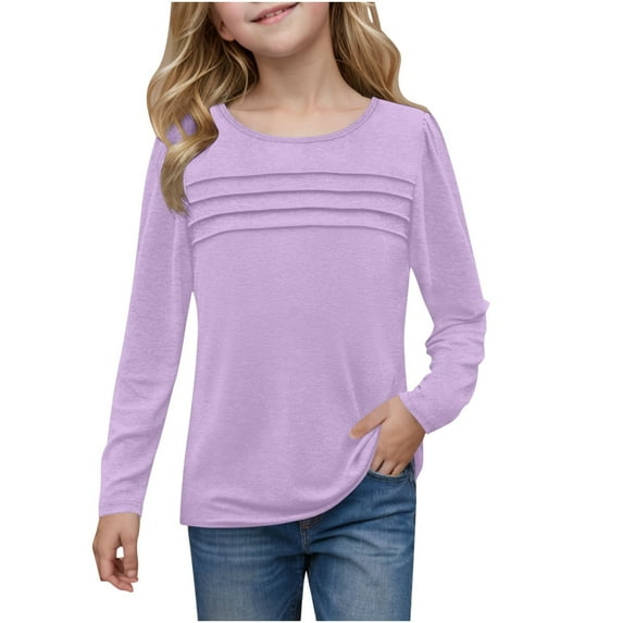 Hiijoy Little Girls Pleated Front Long Sleeve T-Shirt Solid Casual T Shirt, Sizes 5-14