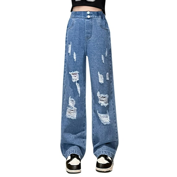 Hiijoy Little Girls Ripped Jeans Distressed Wide Leg Denim Pants Kids High Waist Trousers