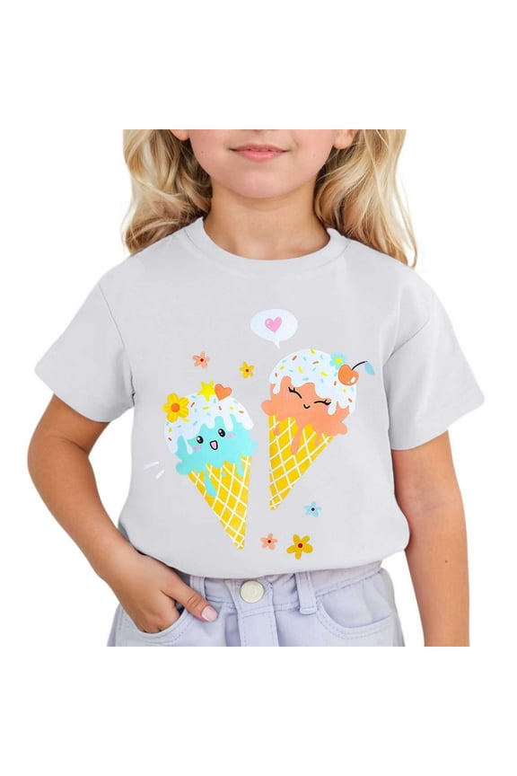 Little Girls Short Sleeve T-Shirt Ice Cream Print Cute Soft T Shirt, Sizes 3-13