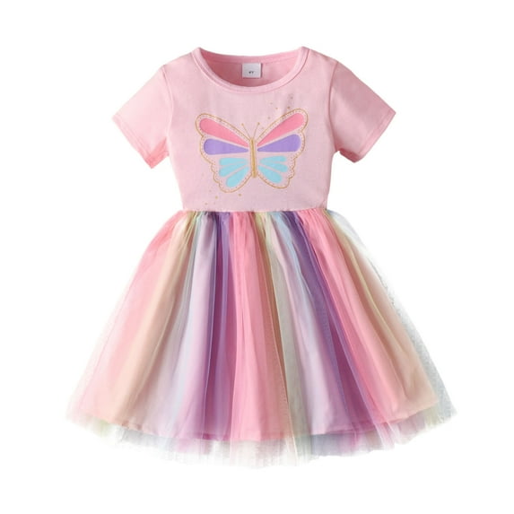 Hiijoy Little Girls Short Sleeve Tutu Dress Butterfly Ombre Summer Dress, Sizes 3-8