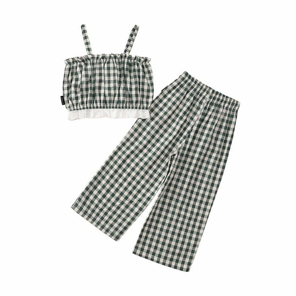 Hiijoy Little Girls Summer Outfits Gingham Print Tank Top & Wide Leg Pants Set, Sizes 6-7Y
