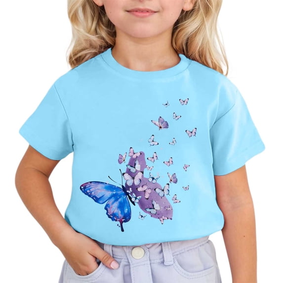 Hiijoy Little Girls T-Shirt Butterfly Print Short Sleeve Crew Neck T Shirt, Sizes 3-13