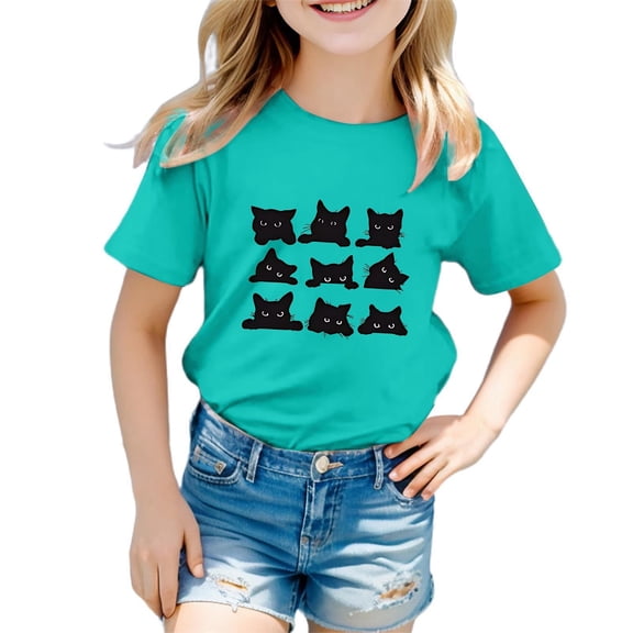 Hiijoy Little Girls T Shirt Cat Print Graphic Tee Short Sleeve Summer Casual T-Shirt