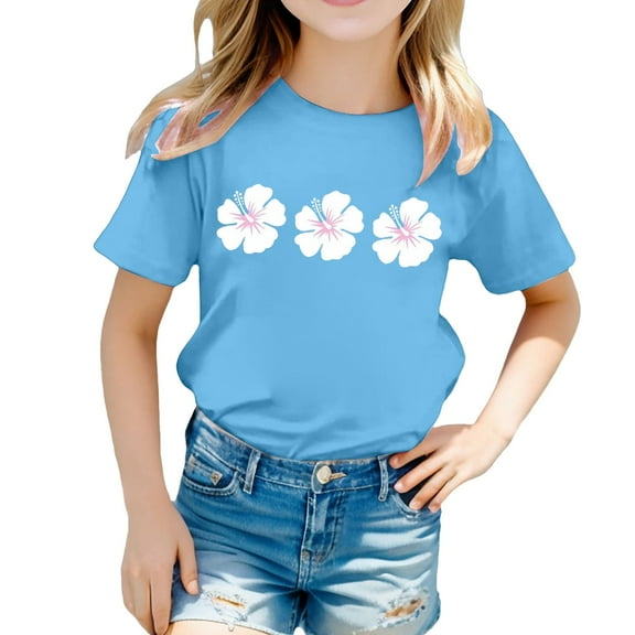 Hiijoy Little Girls T-Shirt Flower Print Short Sleeve O-Neck T Shirt Summer Casual Tshirt