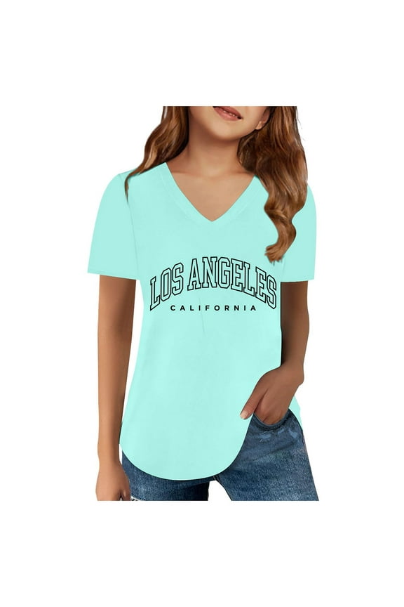 Little Girls V Neck T-Shirt Los Angeles Printed Short Sleeve T Shirt, Sizes 3-13