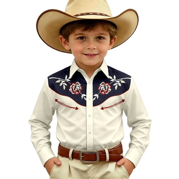 Hiijoy Long Sleeve Western Shirt for Boys Cowboy Comfortable Button Up Shirt, Sizes 10-11