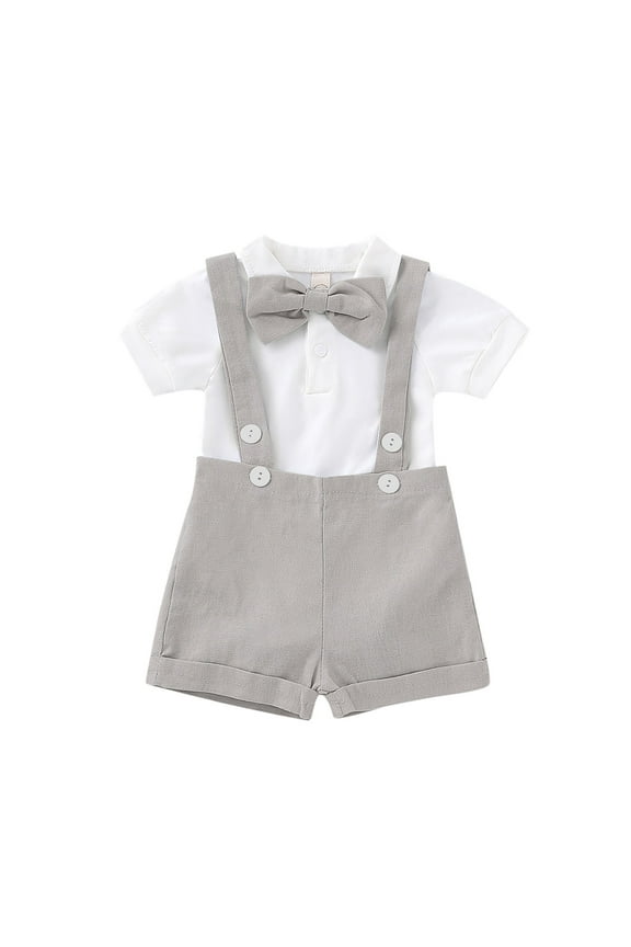 Newborn Boys Formal Suit Short Sleeve Romper Suspenders Shorts Bowtie Wedding Tuxedo Outfits, Grey