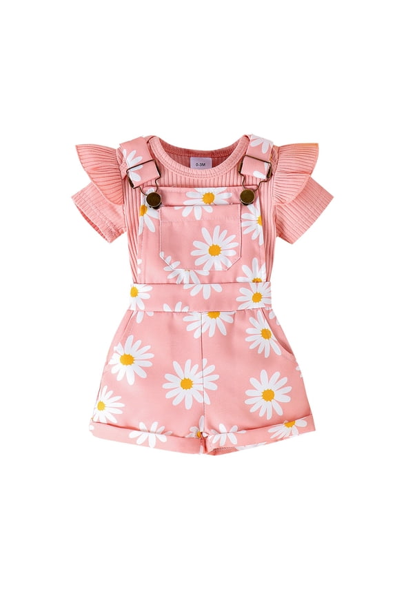 Newborn Girls Outfits Ruffle Short Sleeve Romper Sunflower Print Overall Shorts, Sizes 0-18M