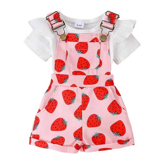 Hiijoy Newborn Girls Outfits White Short Sleeve T-Shirt & Strawberry Printed Overalls 2 Piece Set, Sizes 0-3M