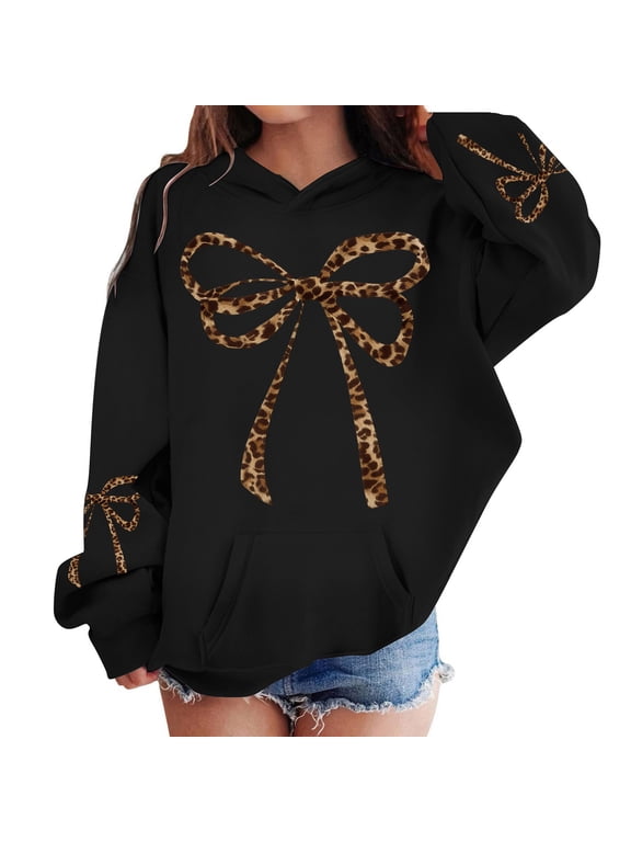 Oversized Hoodie for Girls Leopard Bow Graphic Sweatshirt Preppy Cute Pullover, Black, Sizes 2-13